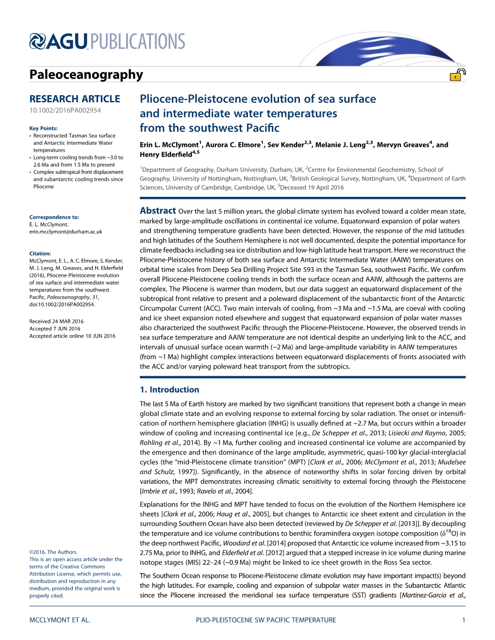 Pliocene-Pleistocene Evolution of Sea Surface and Intermediate Water