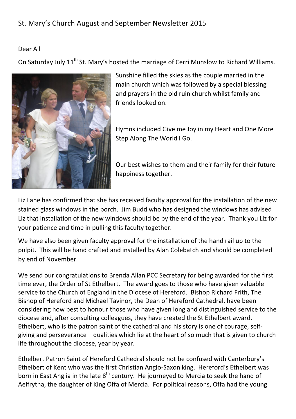 St. Mary's Church August and September Newsletter 2015