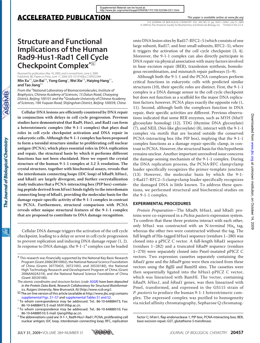 Structure and Functional Implications of the Human Rad9-Hus1-Rad1