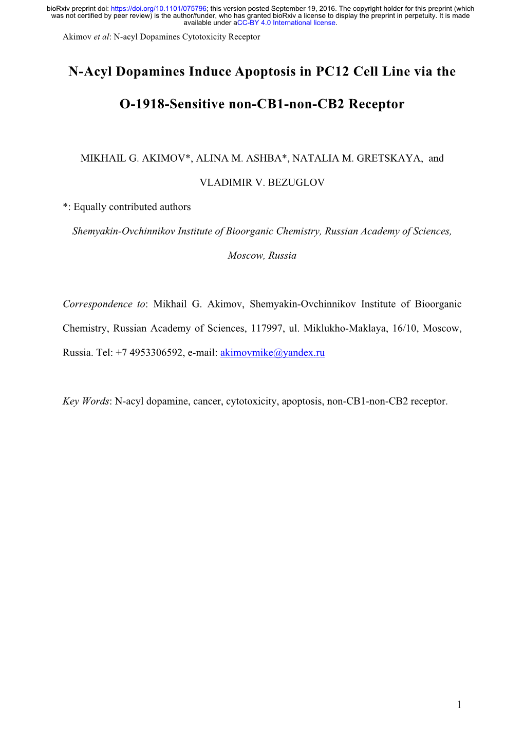 N-Acyl Dopamines Induce Apoptosis in PC12 Cell Line Via the O-1918