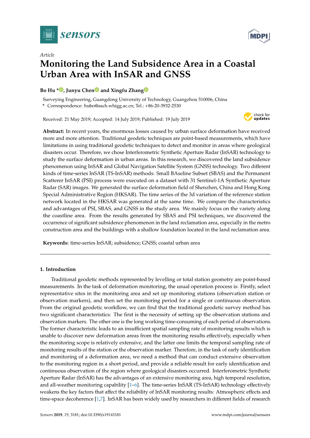 Monitoring the Land Subsidence Area in a Coastal Urban Area with Insar and GNSS