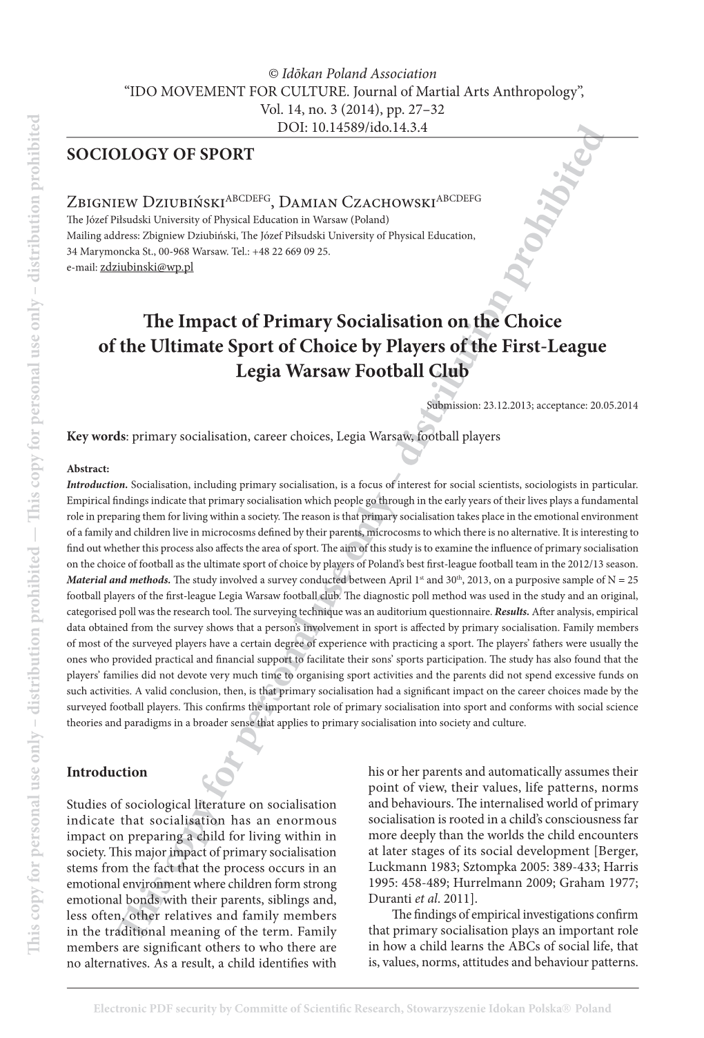 The Impact of Primary Socialisation on the Choice of the Ultimate Sport of Choice by Players of the First-League Legia Warsaw Football Club