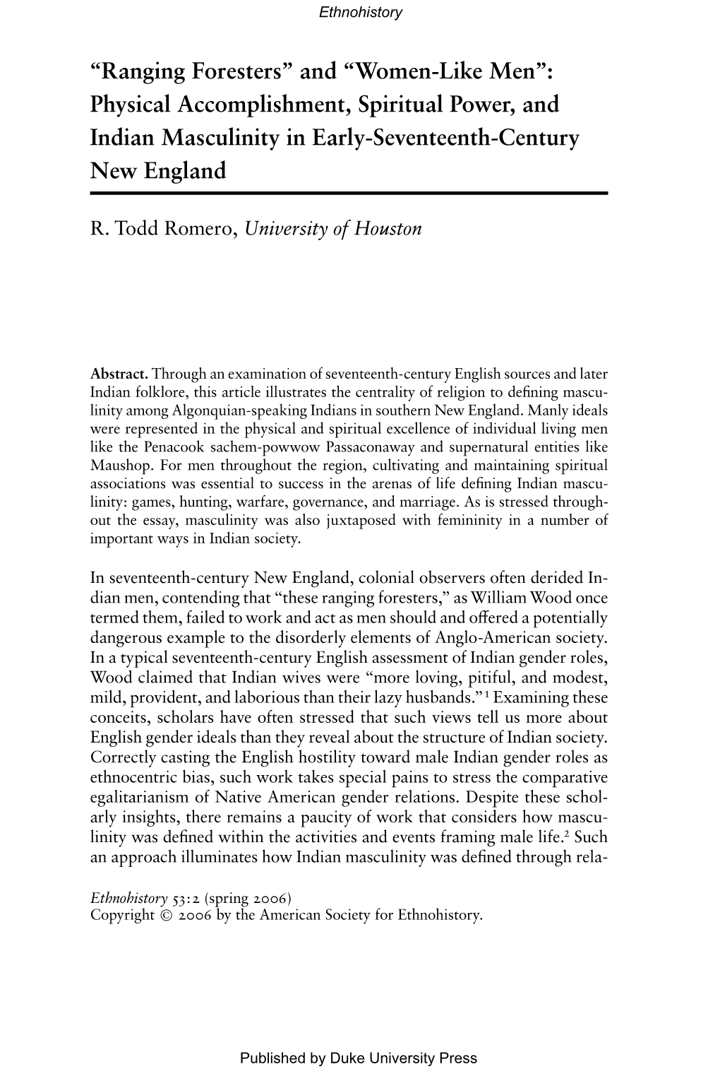 Physical Accomplishment, Spiritual Power, and Indian Masculinity in Early-Seventeenth-Century New England