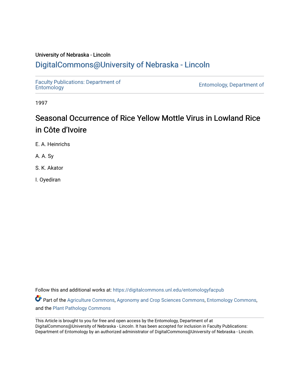 Seasonal Occurrence of Rice Yellow Mottle Virus in Lowland Rice in Côte D’Ivoire