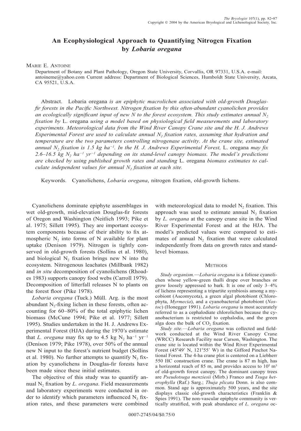 An Ecophysiological Approach to Quantifying Nitrogen Fixation by Lobaria Oregana