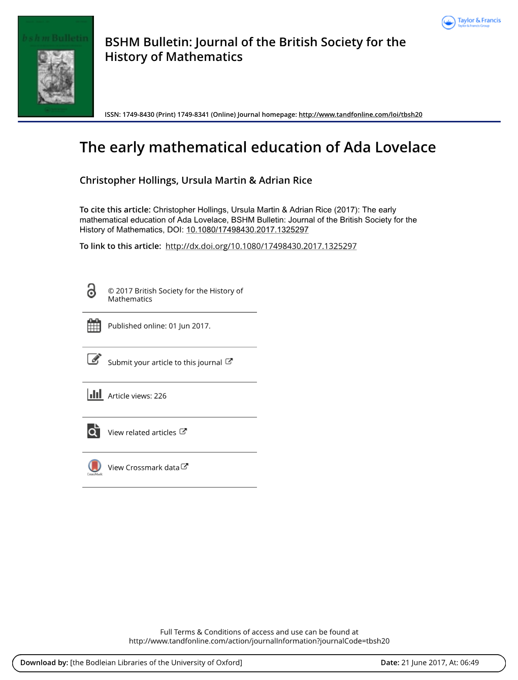 The Early Mathematical Education of Ada Lovelace. Hollings, Martin And