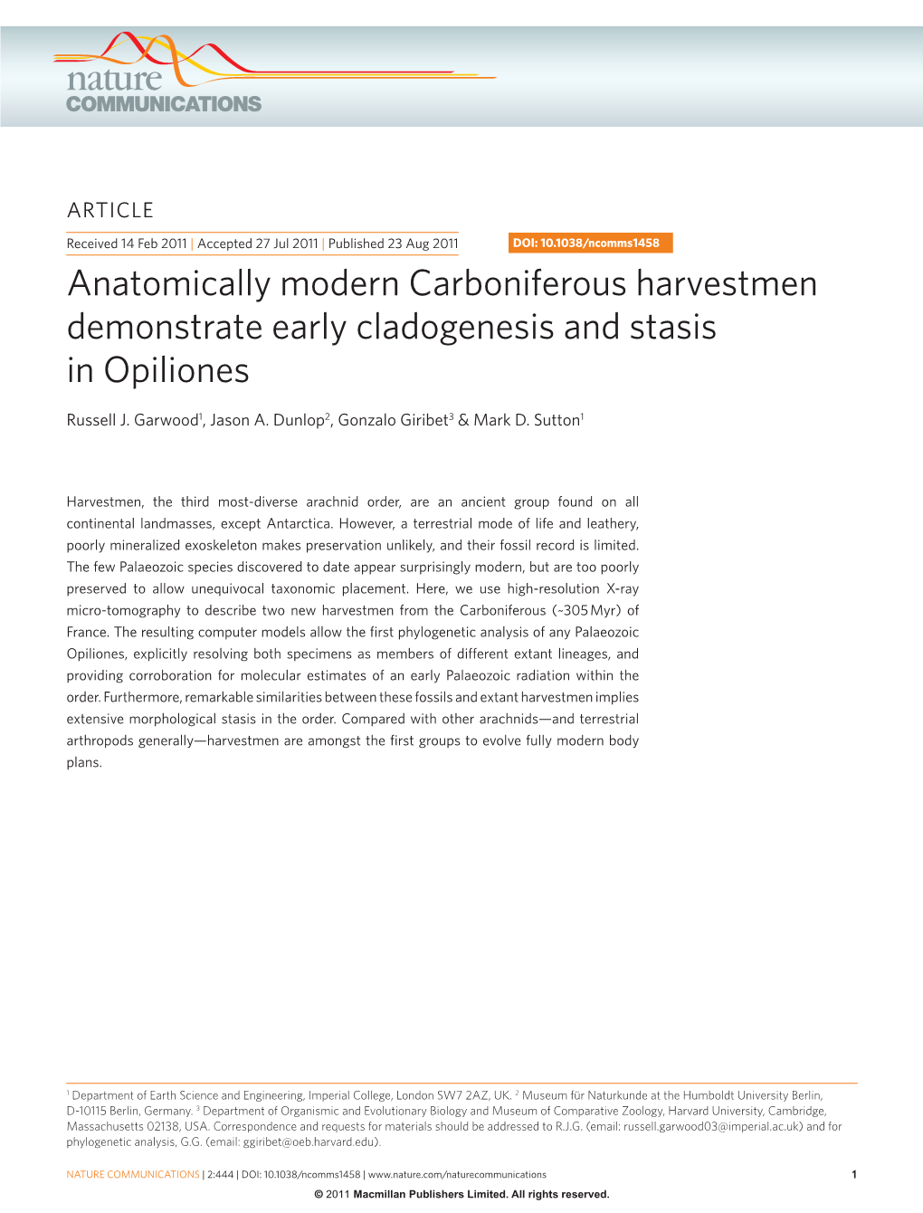 Anatomically Modern Carboniferous Harvestmen Demonstrate Early Cladogenesis and Stasis in Opiliones