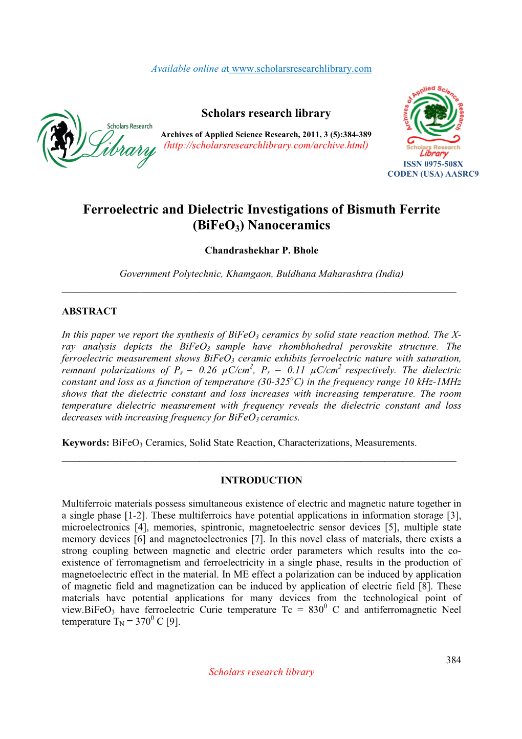Ferroelectric and Dielectric Investigations of Bismuth Ferrite (Bifeo 3) Nanoceramics