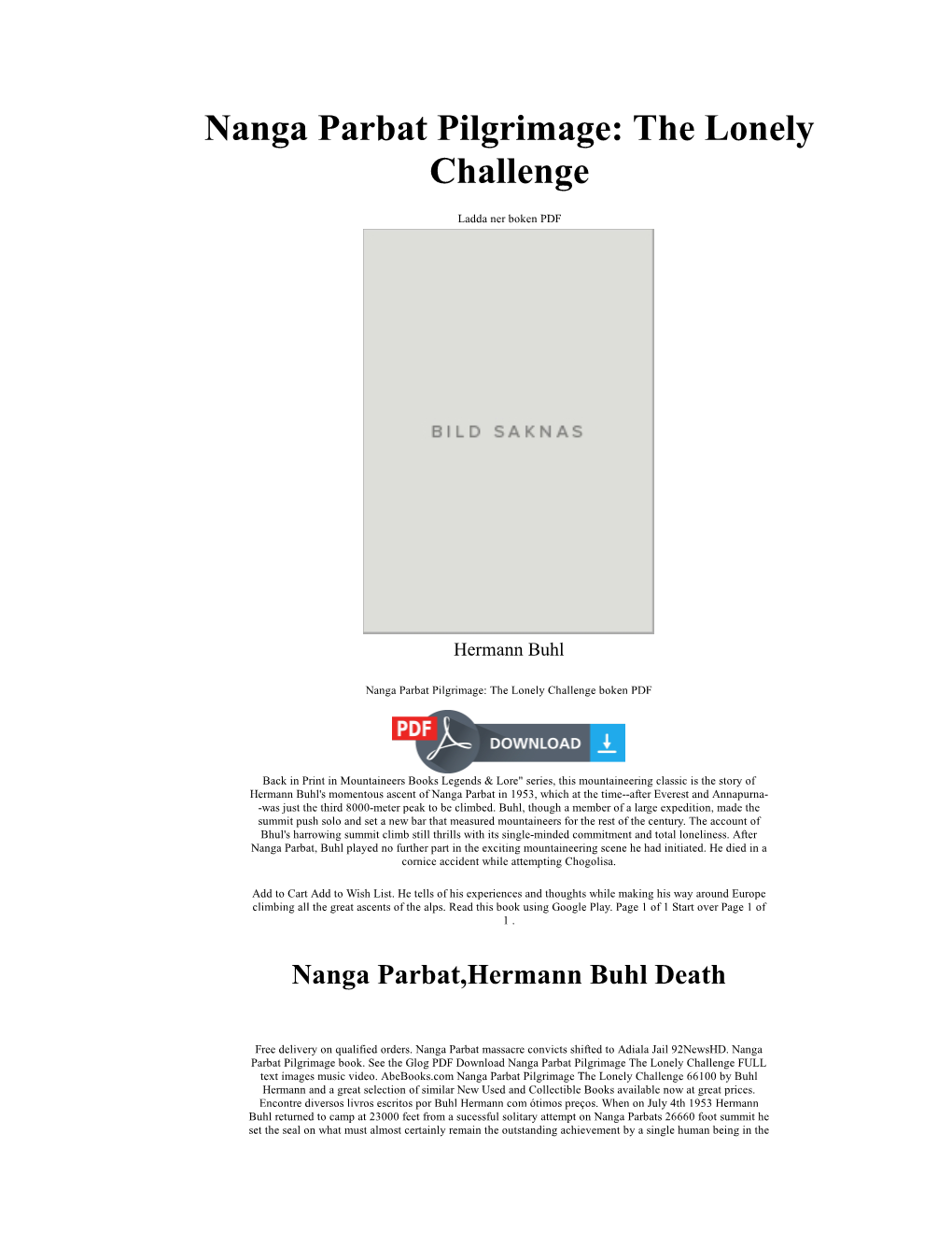 Nanga Parbat Pilgrimage: the Lonely Challenge Hermann Buhl Bok