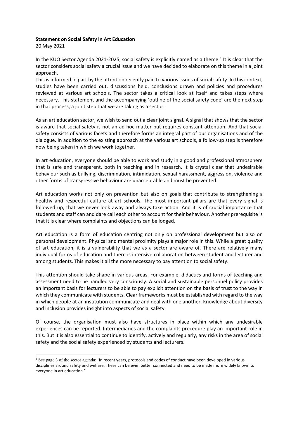 Statement on Social Safety in Art Education 20 May 2021