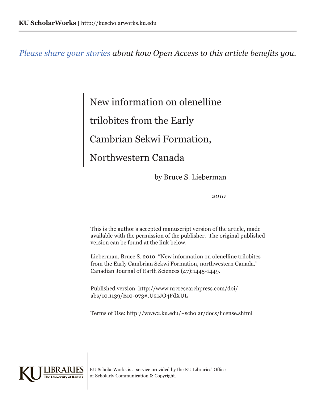 New Information on Olenelline Trilobites from the Early Cambrian Sekwi Formation, Northwestern Canada