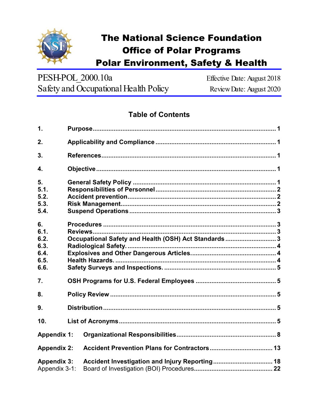 NSF Safety and Occupational Health Policy