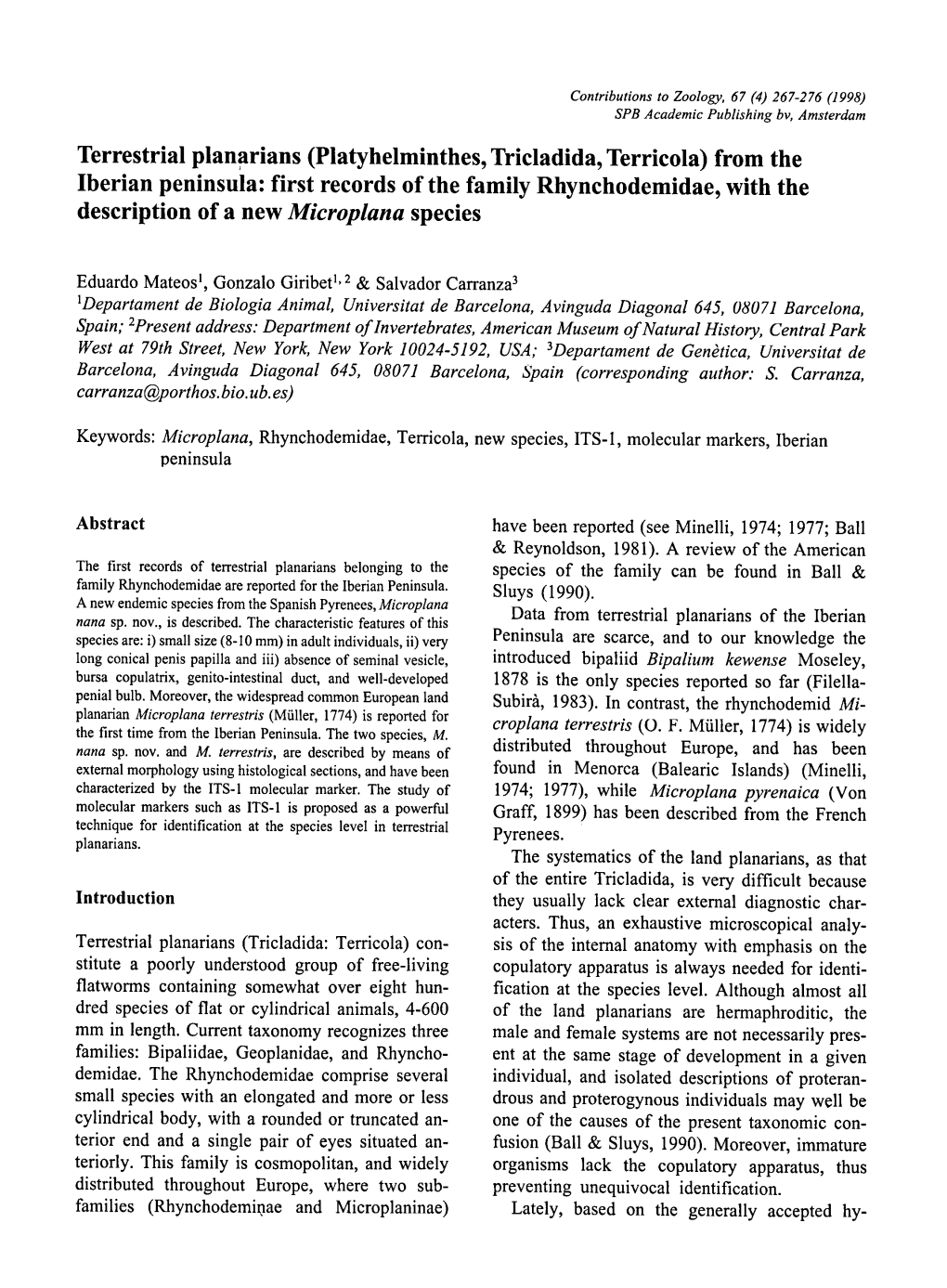 Planarians (Platyhelminthes, Tricladida, Terricola) from the Family Rhynchodemidae, Microplana Species