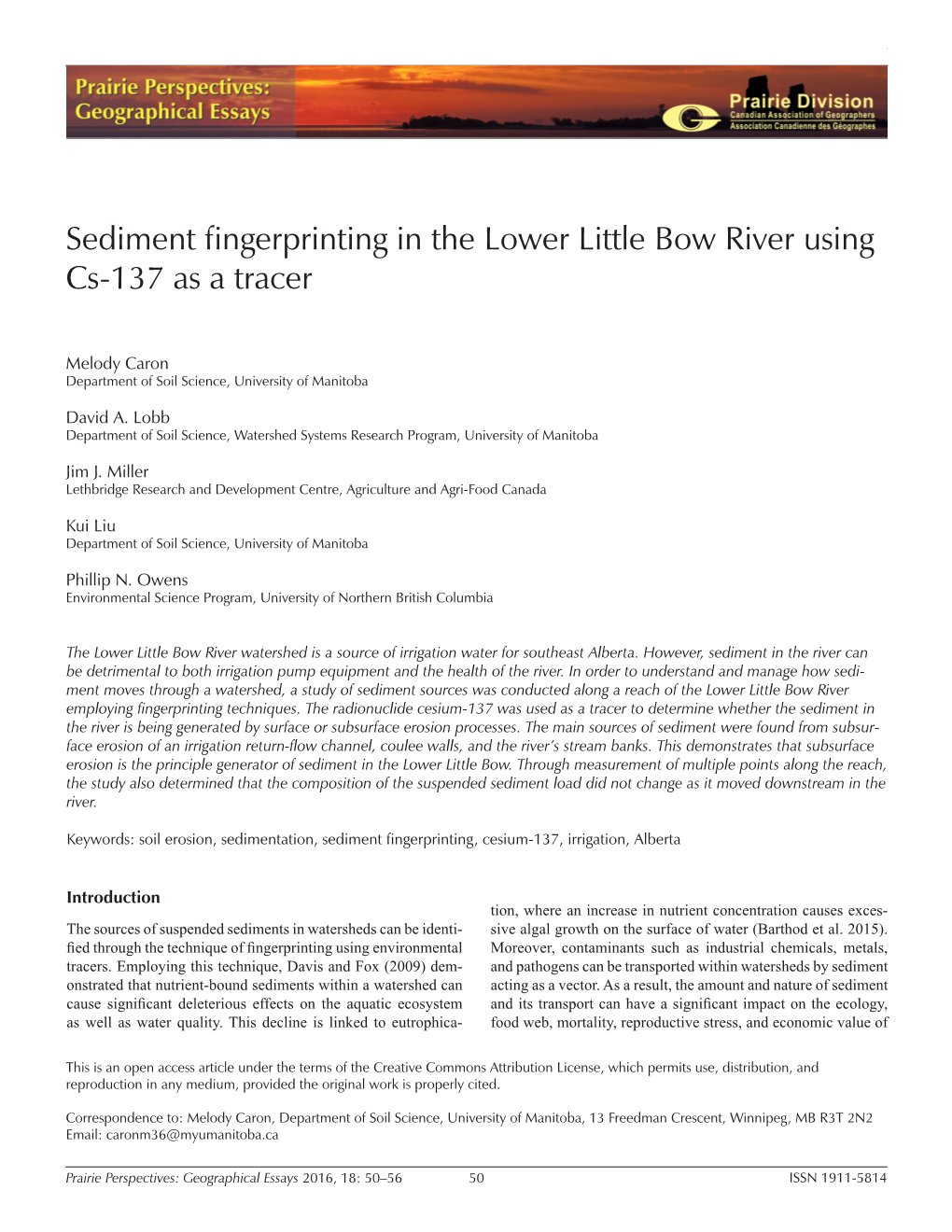 Sediment Fingerprinting in the Lower Little Bow River Using Cs-137 As a Tracer