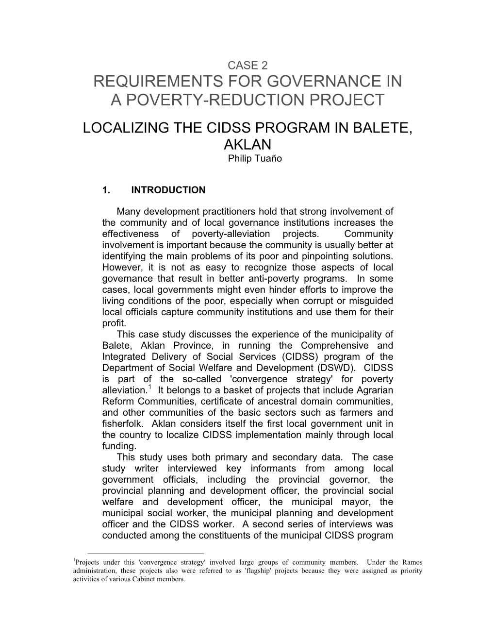 Requirements for Governance in a Poverty-Reduction Project