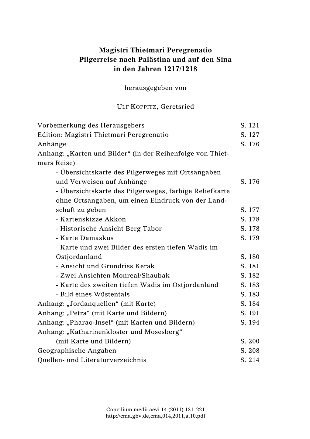 Magistri Thietmari Peregrenatio Pilgerreise Nach Palästina Und Auf Den Sina in Den Jahren 1217/1218