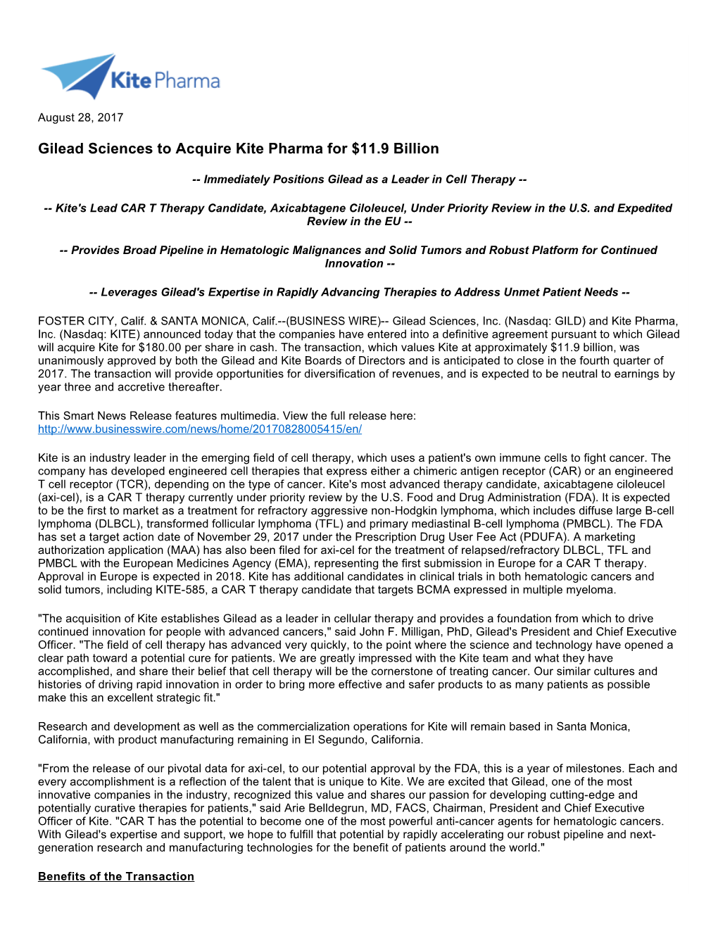 Gilead Sciences to Acquire Kite Pharma for $11.9 Billion