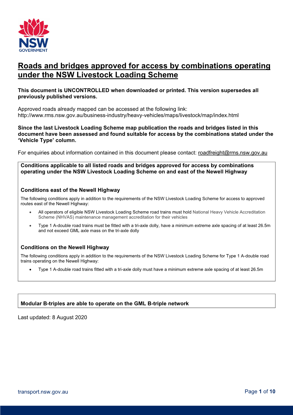 Roads and Bridges Approved for Access by Combinations Operating Under the NSW Livestock Loading Scheme