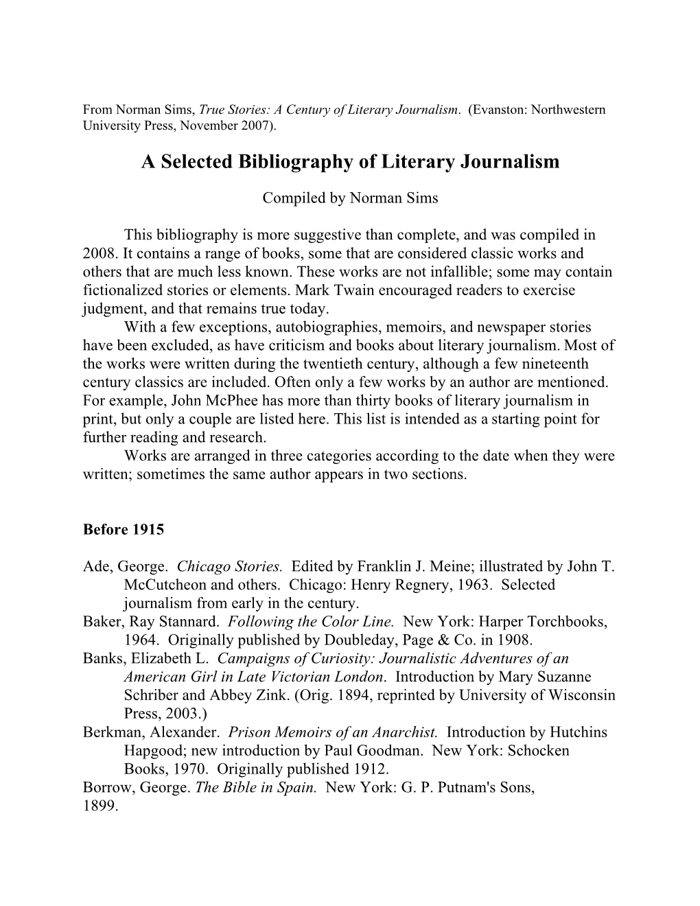 A Selected Bibliography of Literary Journalism