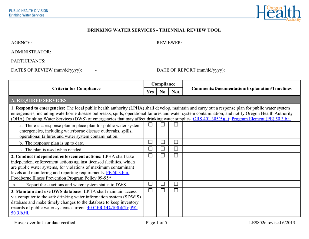 DRINKING WATER PROGRAM - TRIENNIAL REVIEW TOOL June 2013