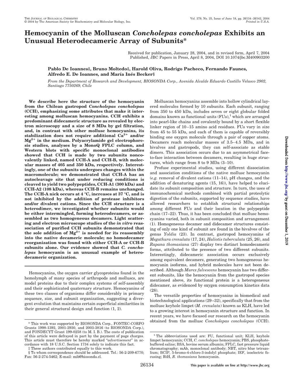 Hemocyanin of the Molluscan Concholepas Concholepas Exhibits an Unusual Heterodecameric Array of Subunits*