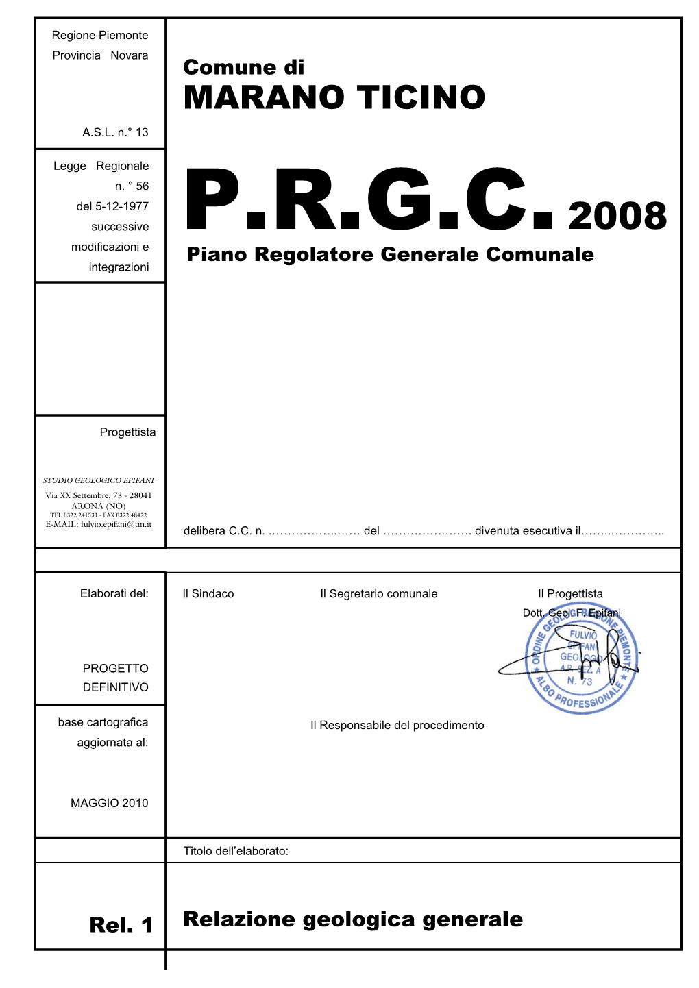 Comune Di Marano Ticino (NO) - 1 Studio Geologico F