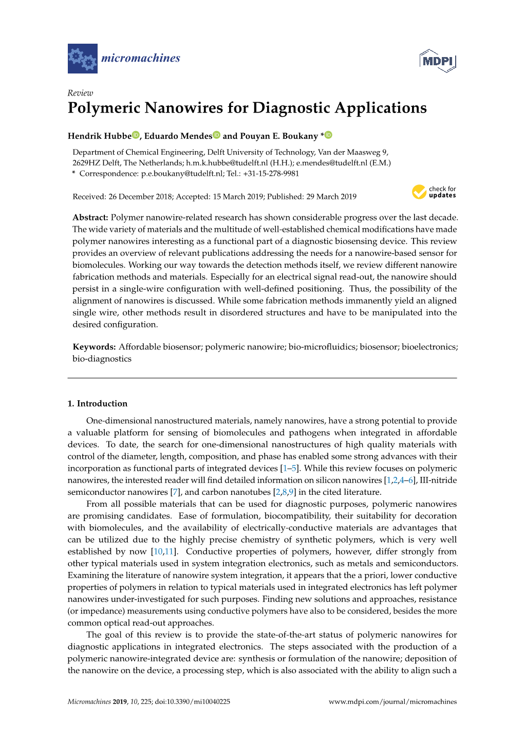 Polymeric Nanowires for Diagnostic Applications