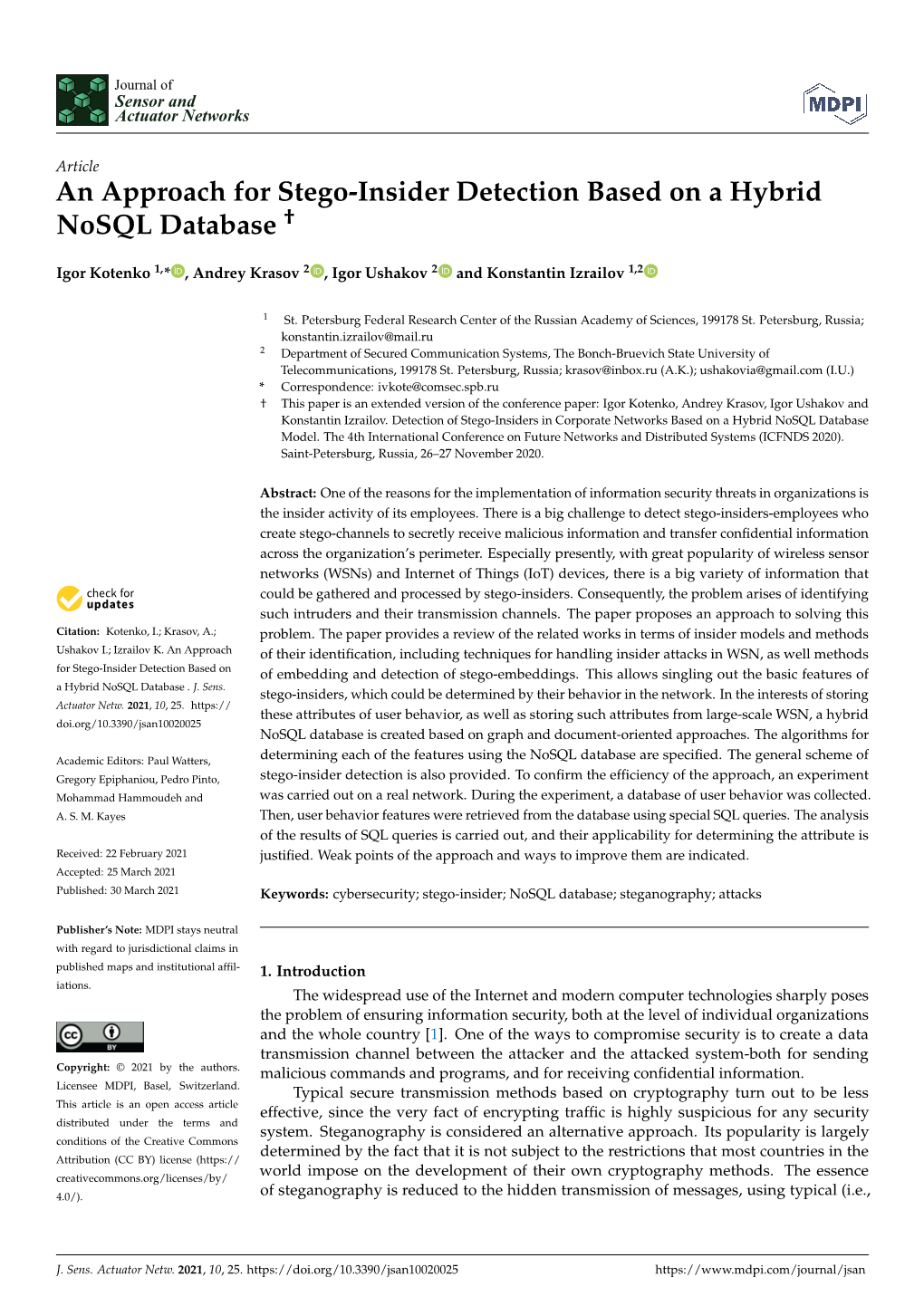 An Approach for Stego-Insider Detection Based on a Hybrid Nosql Database †