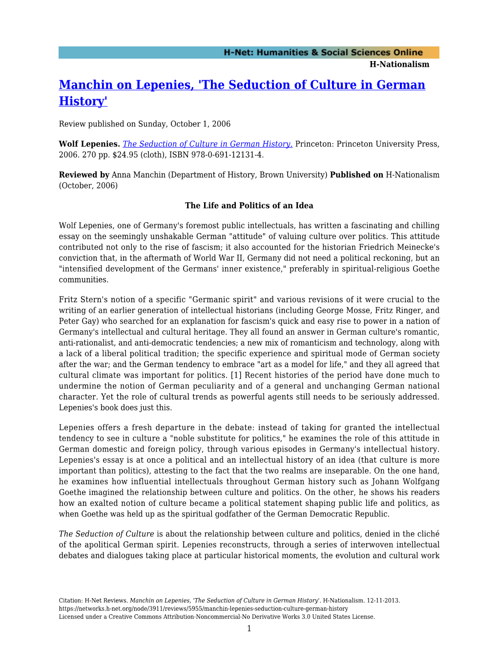 Manchin on Lepenies, 'The Seduction of Culture in German History'