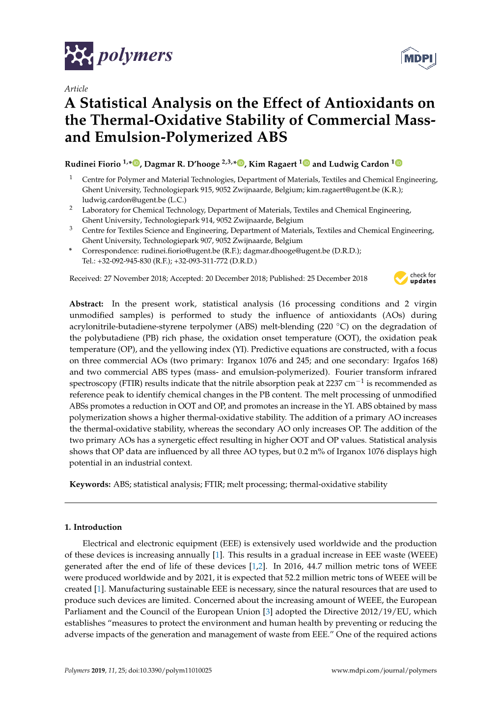 A Statistical Analysis on the Effect of Antioxidants on the Thermal-Oxidative Stability of Commercial Mass- and Emulsion-Polymerized ABS