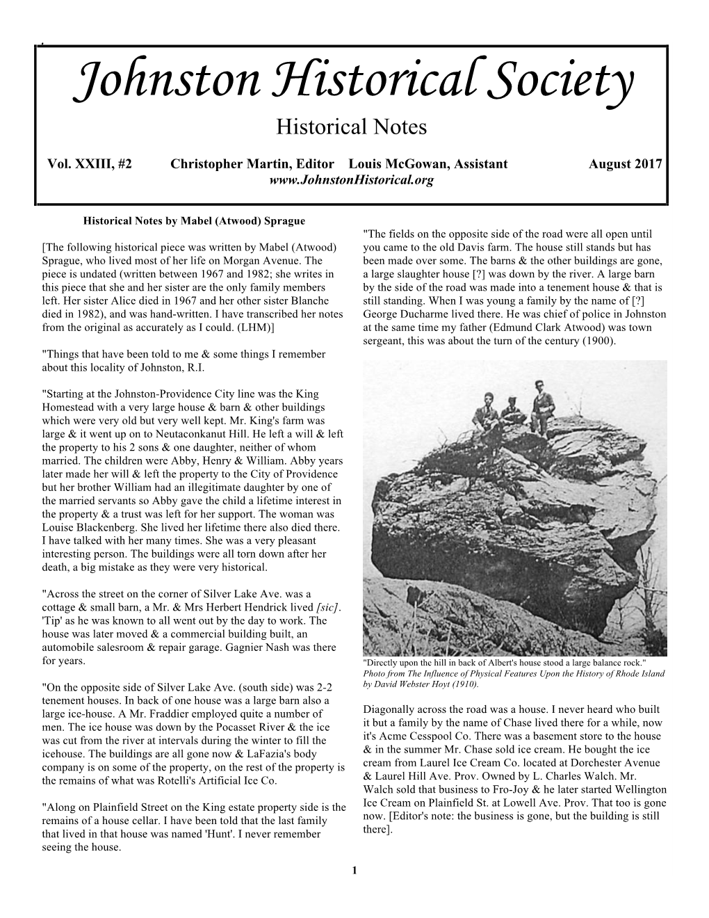 Johnston Historical Society Historical Notes