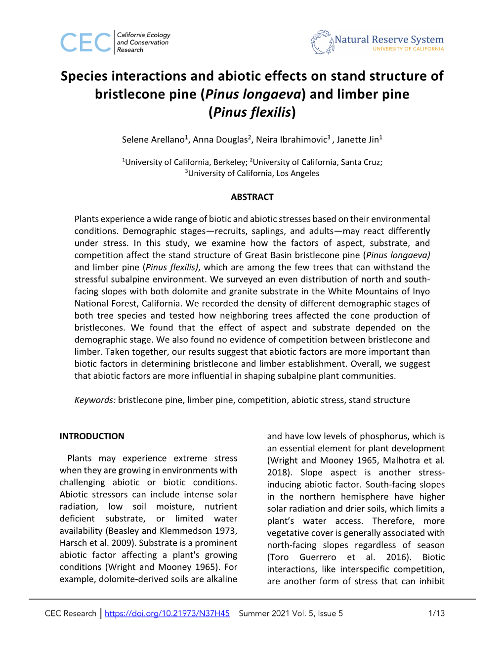 Species Interactions and Abiotic Effects on Stand Structure of Bristlecone Pine (Pinus Longaeva) and Limber Pine (Pinus Flexilis)