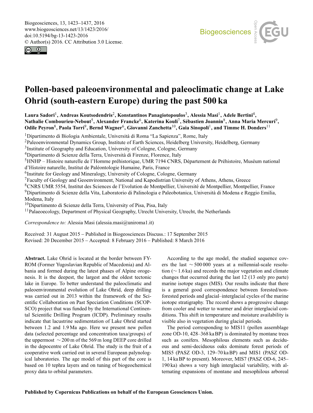 Pollen-Based Paleoenvironmental and Paleoclimatic Change at Lake Ohrid (South-Eastern Europe) During the Past 500 Ka