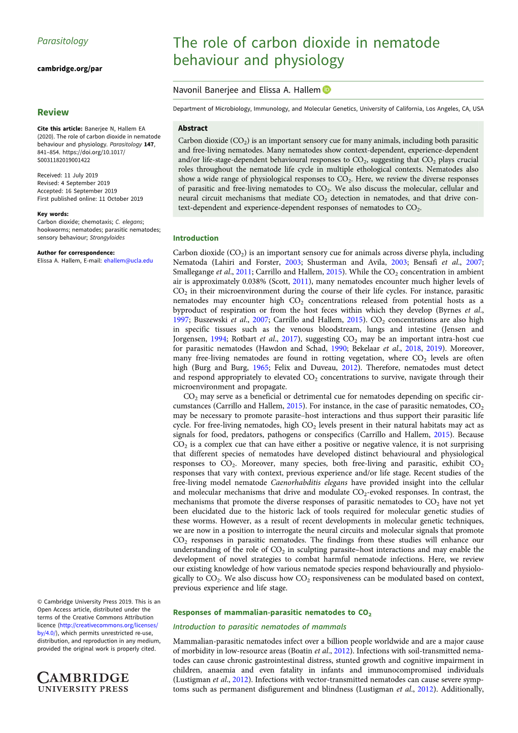 The Role of Carbon Dioxide in Nematode Behaviour and Physiology Cambridge.Org/Par