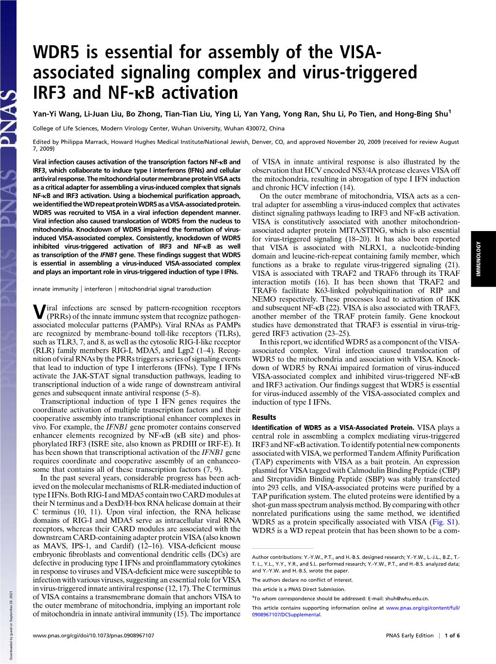 Associated Signaling Complex and Virus-Triggered IRF3 and NF-Κb Activation