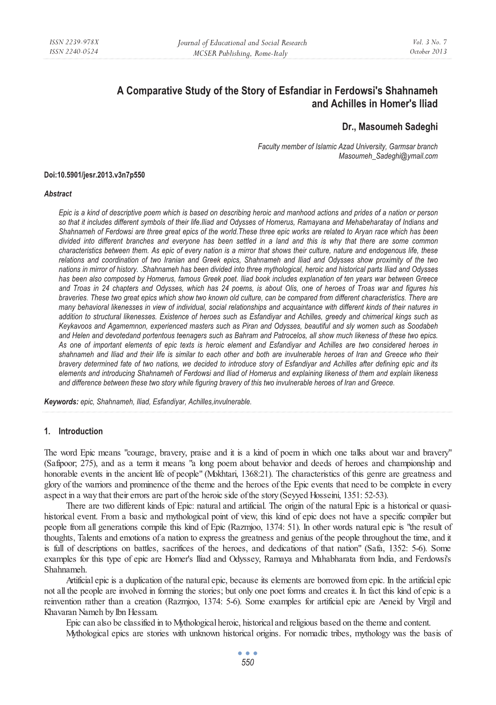 A Comparative Study of the Story of Esfandiar in Ferdowsi's Shahnameh and Achilles in Homer's Iliad