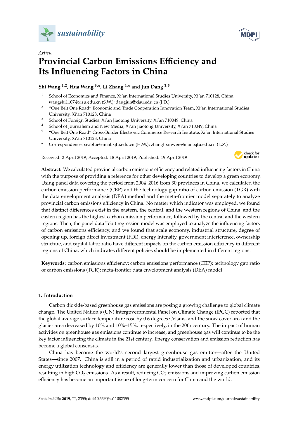 Provincial Carbon Emissions Efficiency and Its Influencing