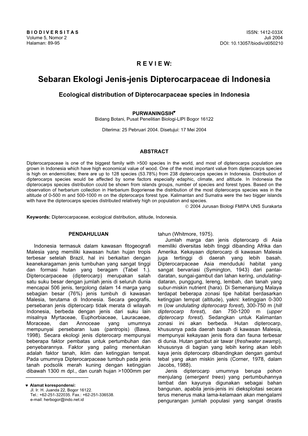 Sebaran Ekologi Jenis-Jenis Dipterocarpaceae Di Indonesia