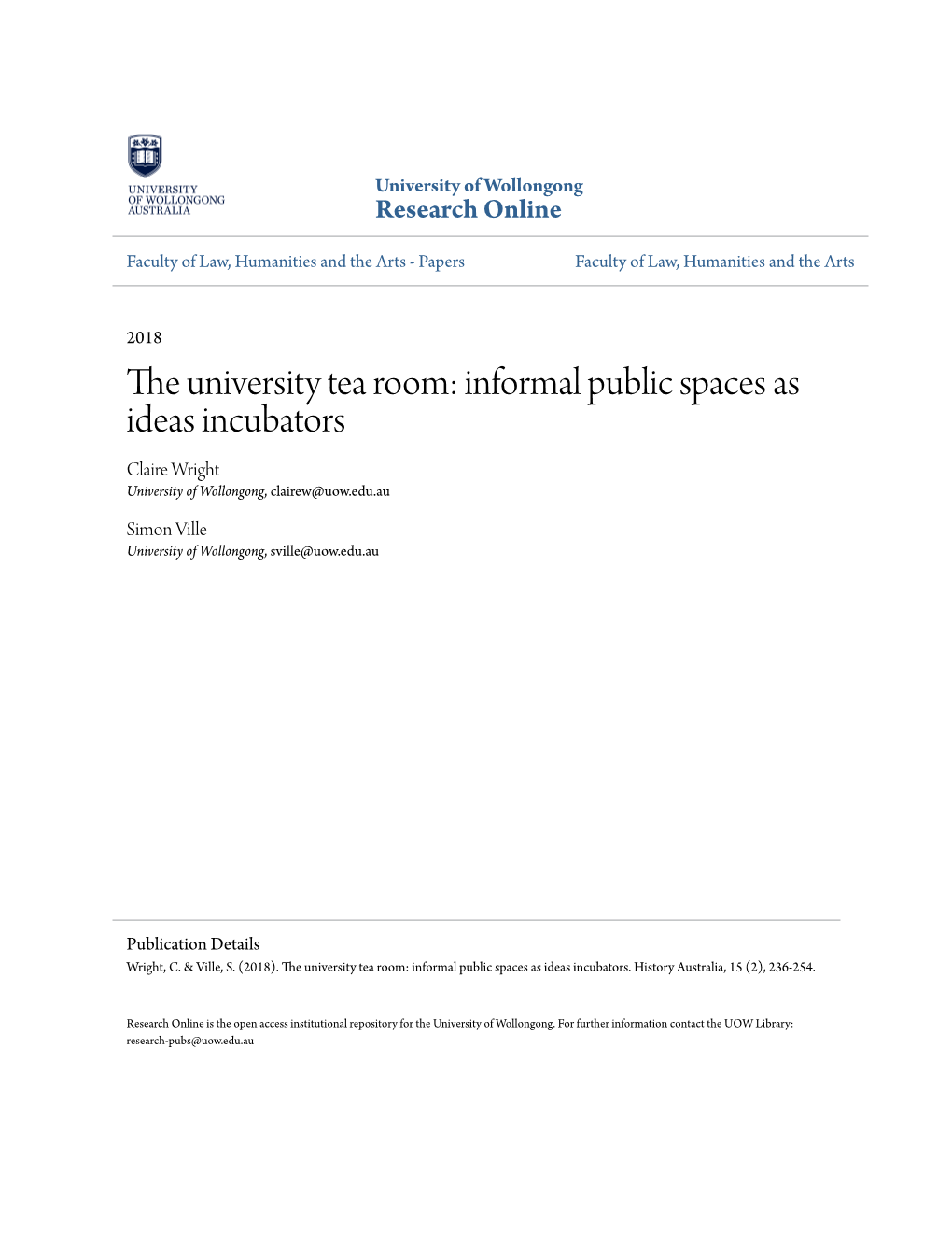 The University Tea Room: Informal Public Spaces As Ideas Incubators Claire Wright University of Wollongong, Clairew@Uow.Edu.Au