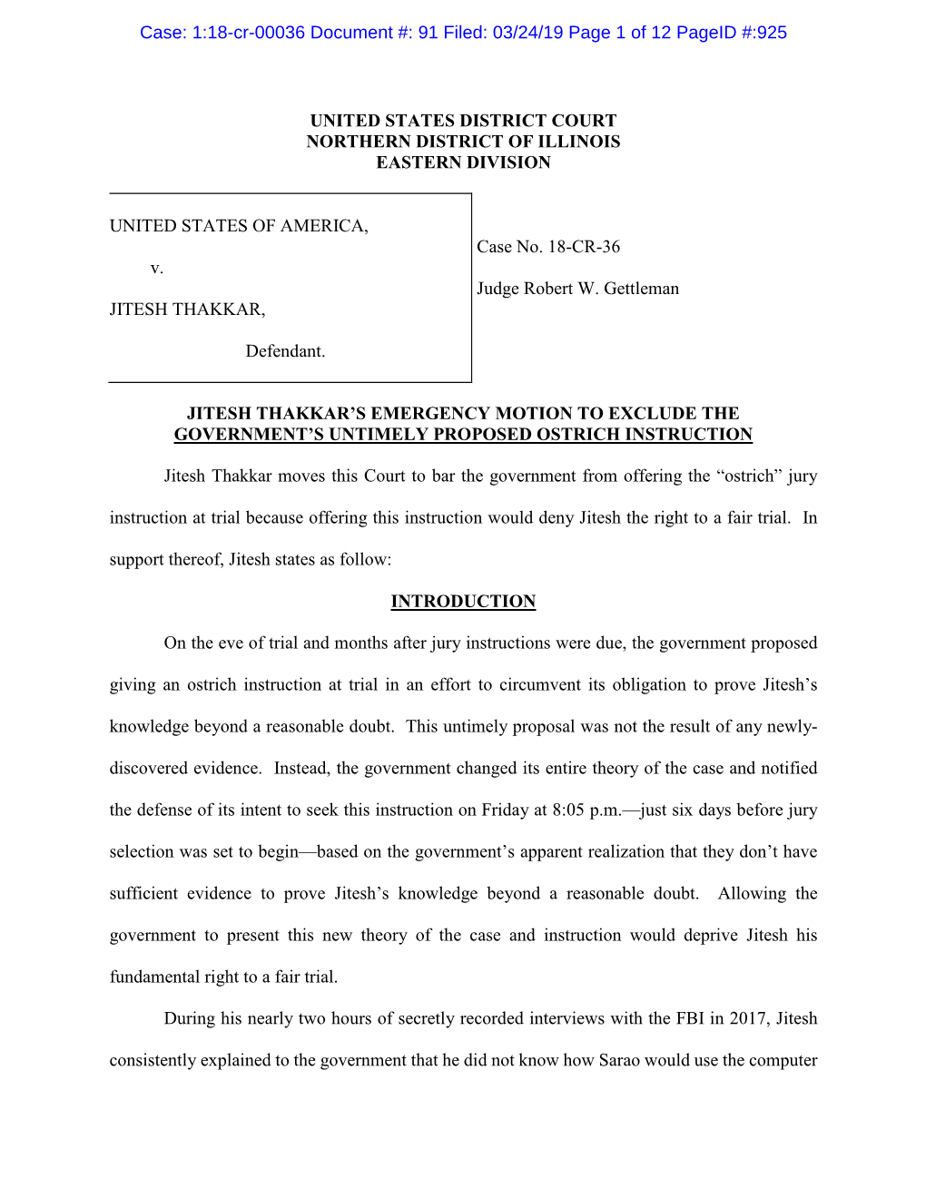 1:18-Cr-00036 Document #: 91 Filed: 03/24/19 Page 1 of 12 Pageid #:925