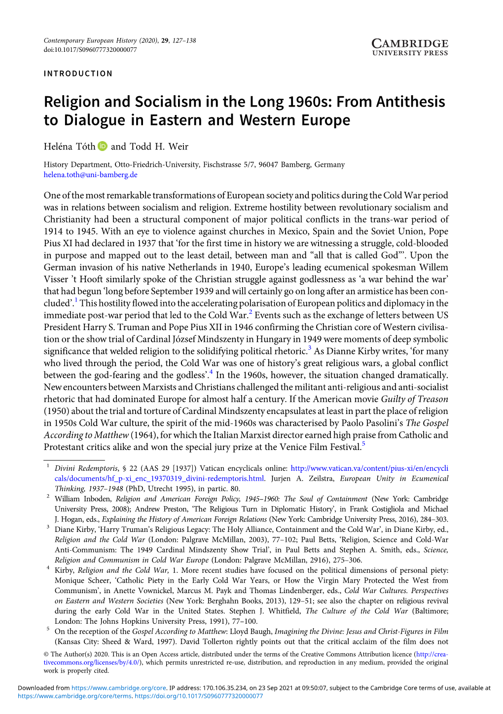 Religion and Socialism in the Long 1960S: from Antithesis to Dialogue in Eastern and Western Europe