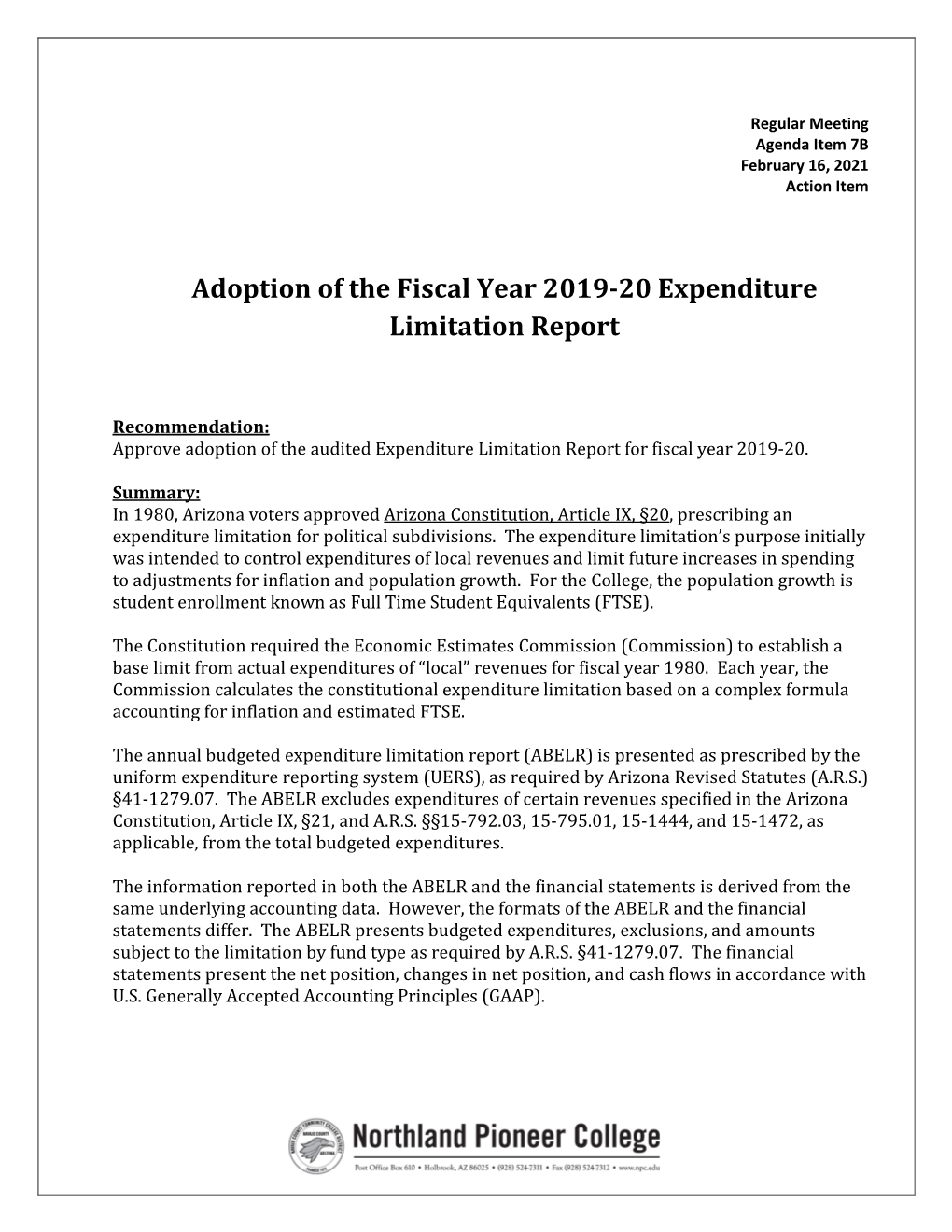 Adoption of the Fiscal Year 2019-20 Expenditure Limitation Report