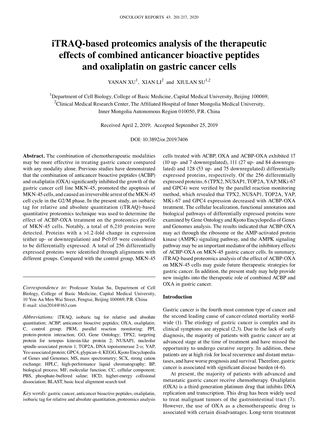 Itraq‑Based Proteomics Analysis of the Therapeutic Effects of Combined Anticancer Bioactive Peptides and Oxaliplatin on Gastric Cancer Cells