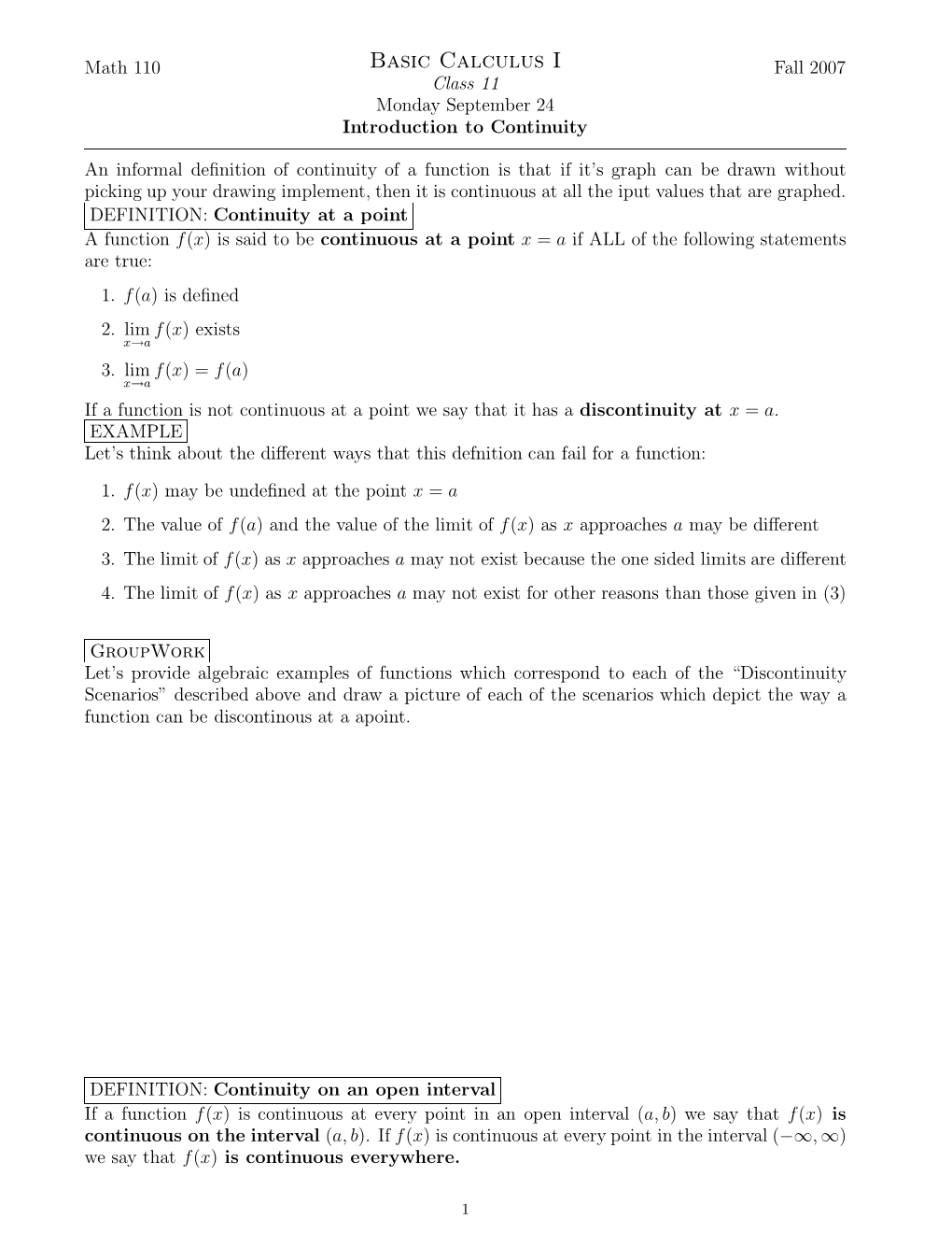 Basic Calculus I Fall 2007 Class 11 Monday September 24 Introduction to Continuity