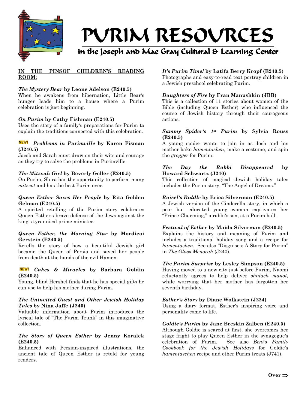 PURIM RESOURCES in the Joseph and Mae Gray Cultural & Learning Center