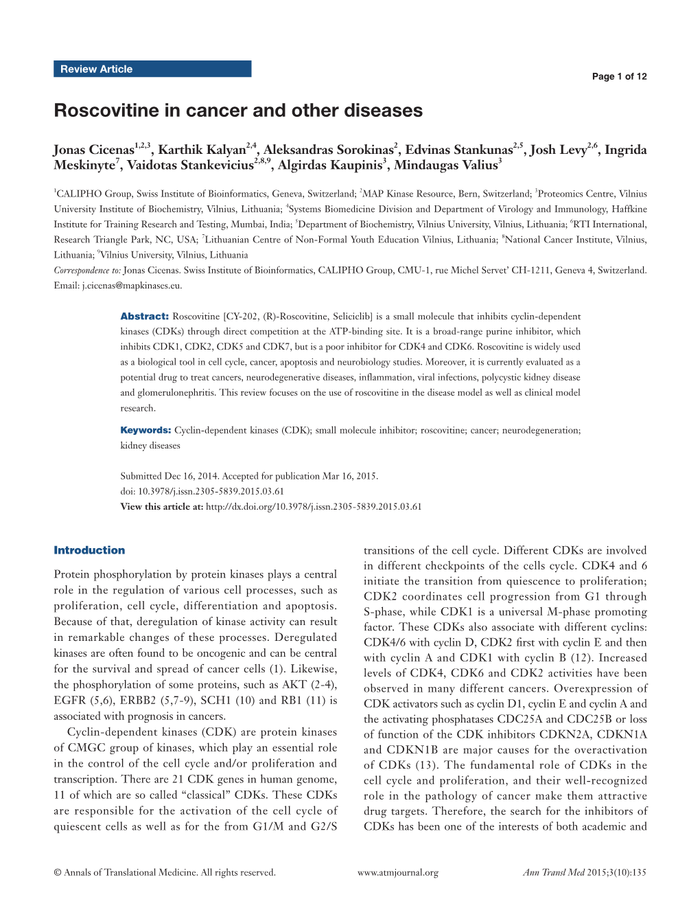 Roscovitine in Cancer and Other Diseases