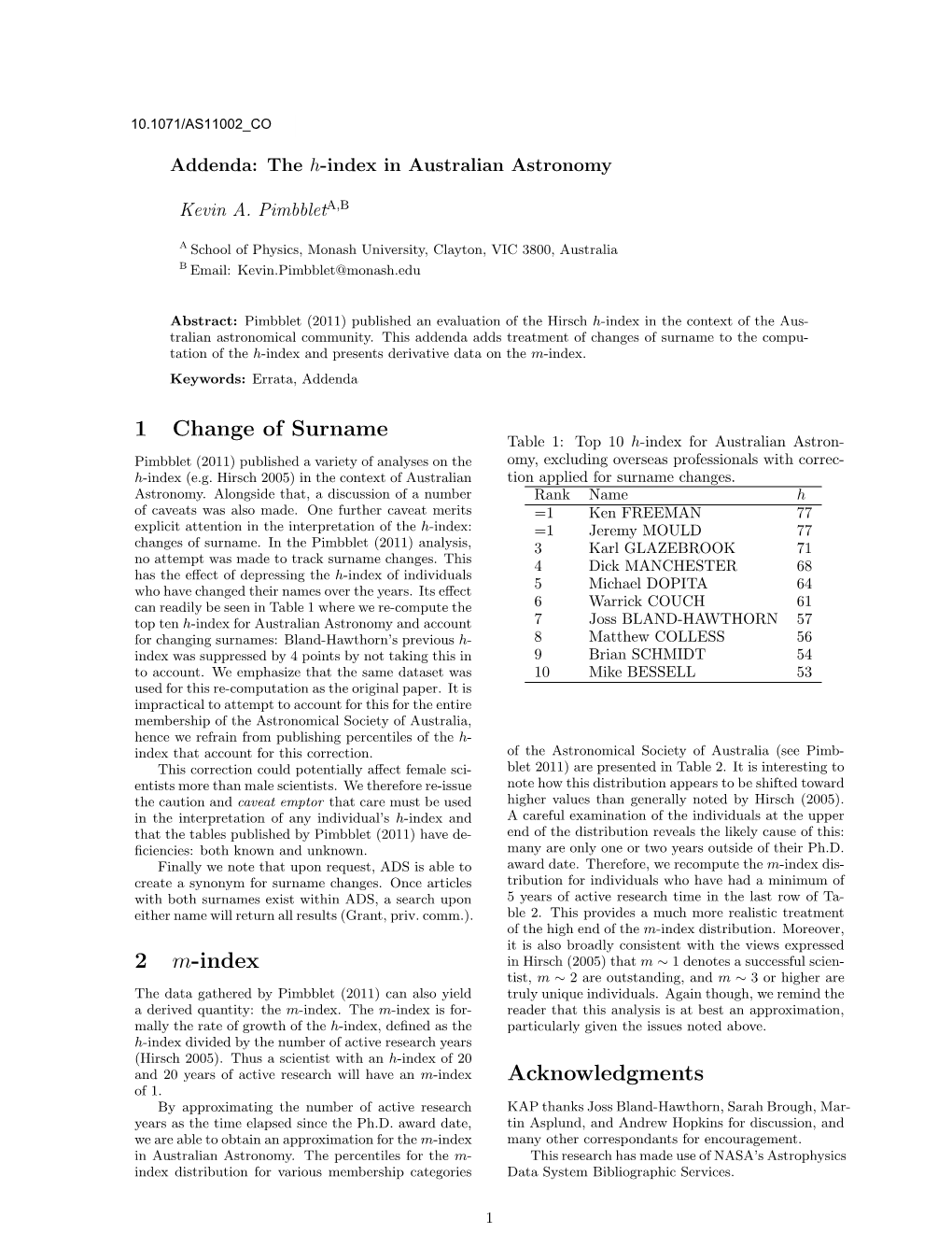 The H-Index in Australian Astronomy