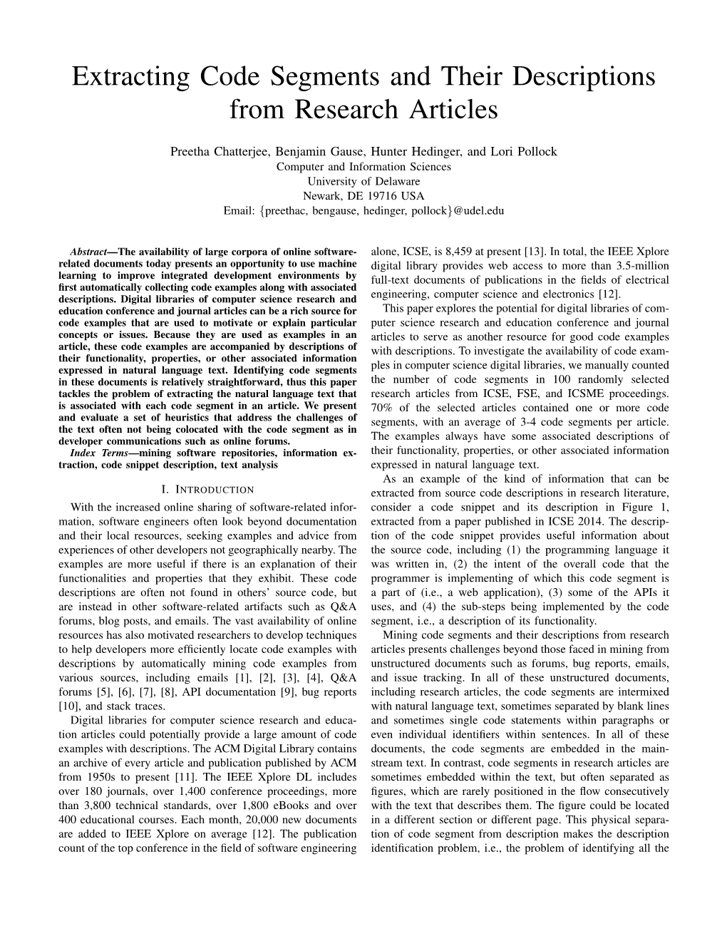 Extracting Code Segments and Their Descriptions from Research Articles