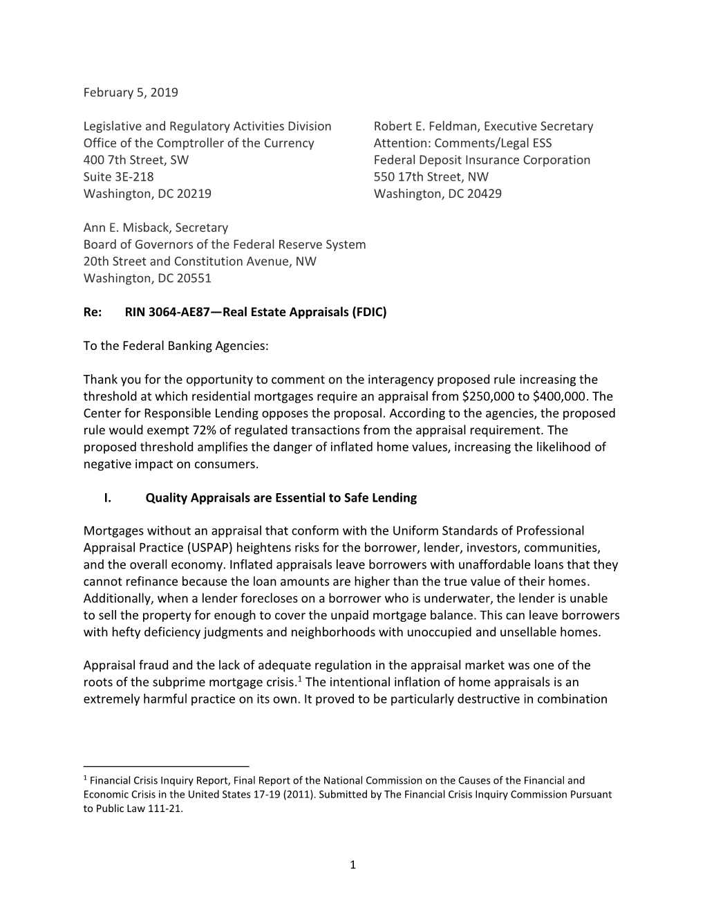 February 5, 2019 Legislative and Regulatory Activities Division Robert E. Feldman, Executive Secretary Office of the Comptrolle