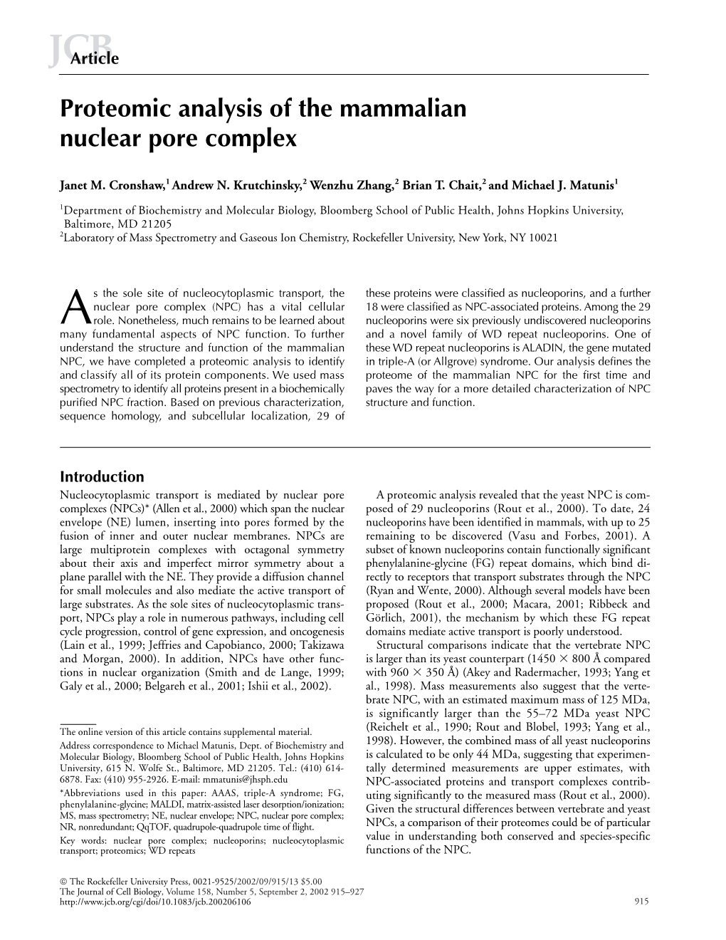 Proteomic Analysis of the Mammalian Nuclear Pore Complex